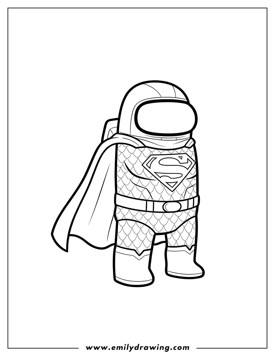 Doodle style coloring picture of among Us Superman Themed Scaled, standing and wearing a cape with an S-shield emblem