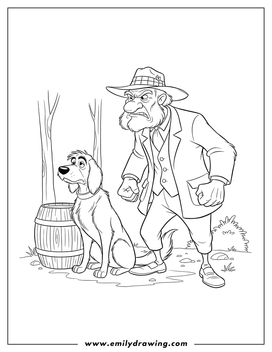 PDF style coloring page: amos Slade, looking angry, and his dog Chief, sitting by a barrel, are on a hunting trip