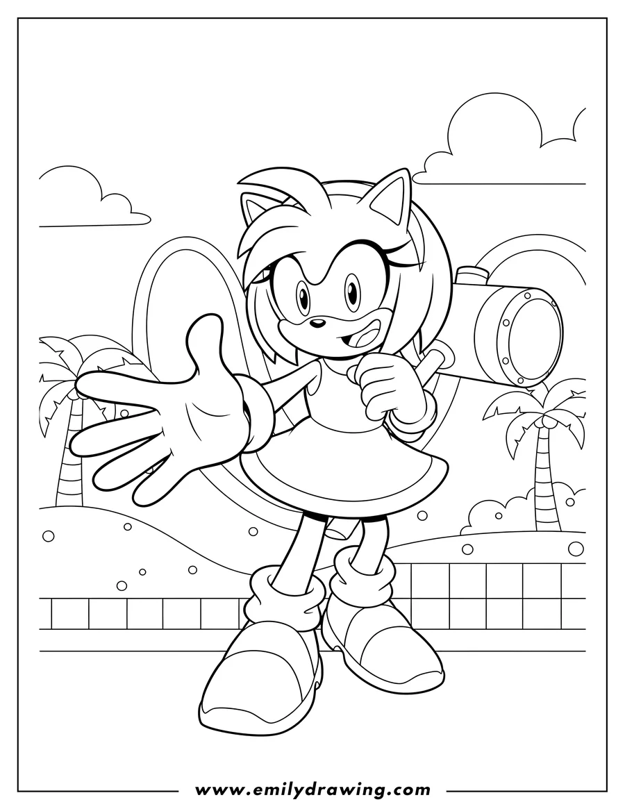 Clean line drawing: amy Rose Green Hill V2, smiling and reaching out