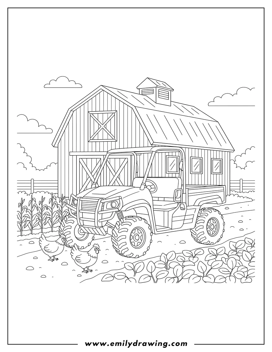 Coloring page for kids: an off-road farm UTV parked near a barn, with two chickens and crops