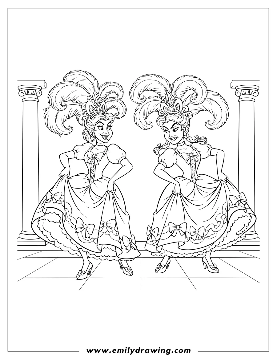 Free printable coloring sheet of anastasia and Drizella, the Ugly Stepsisters, dancing and holding their skirts, wearing large feather headpieces
