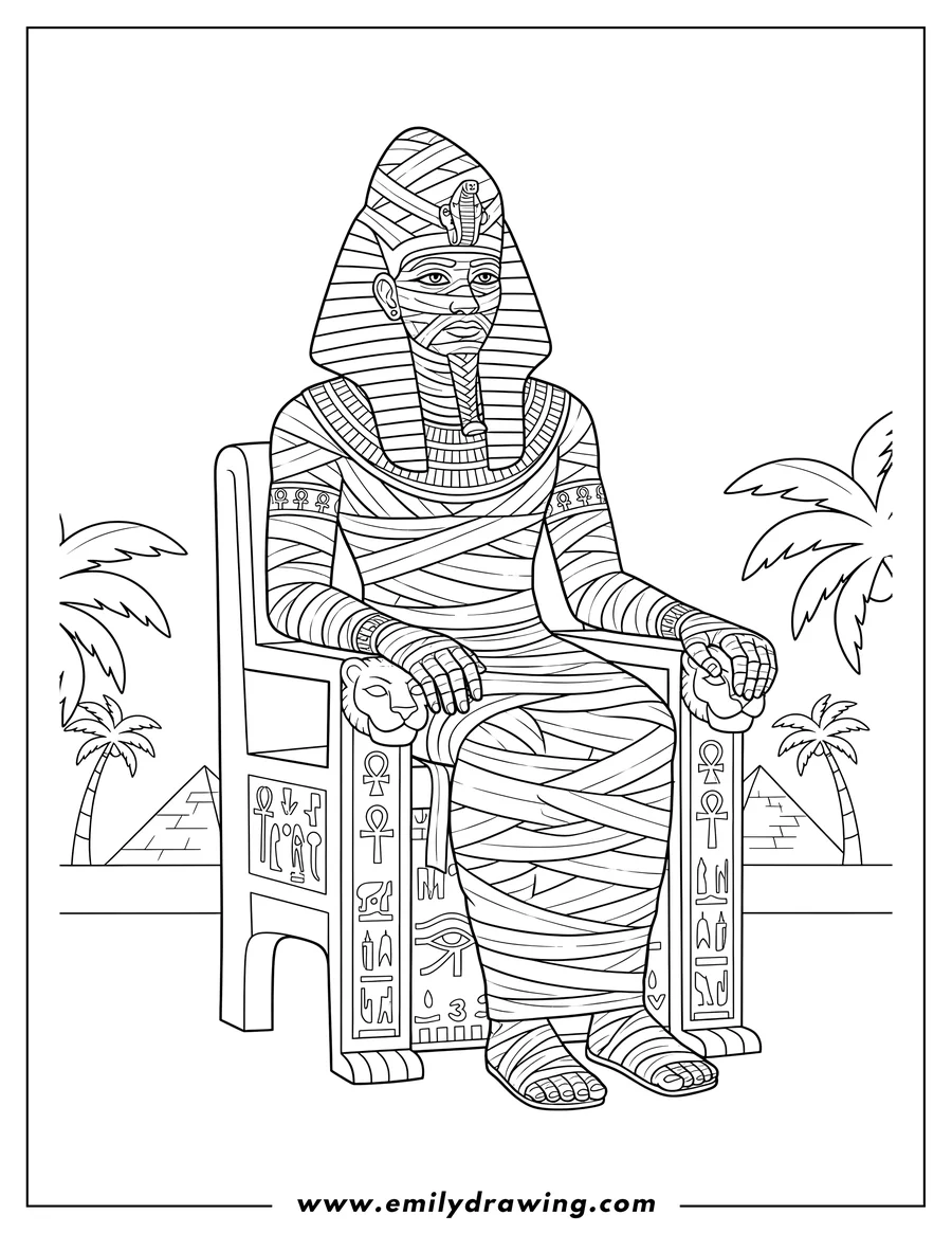 Black and white line art of ancient Egyptian Mummy King On Throne, wrapped in bandages, wearing a pharaoh's crown