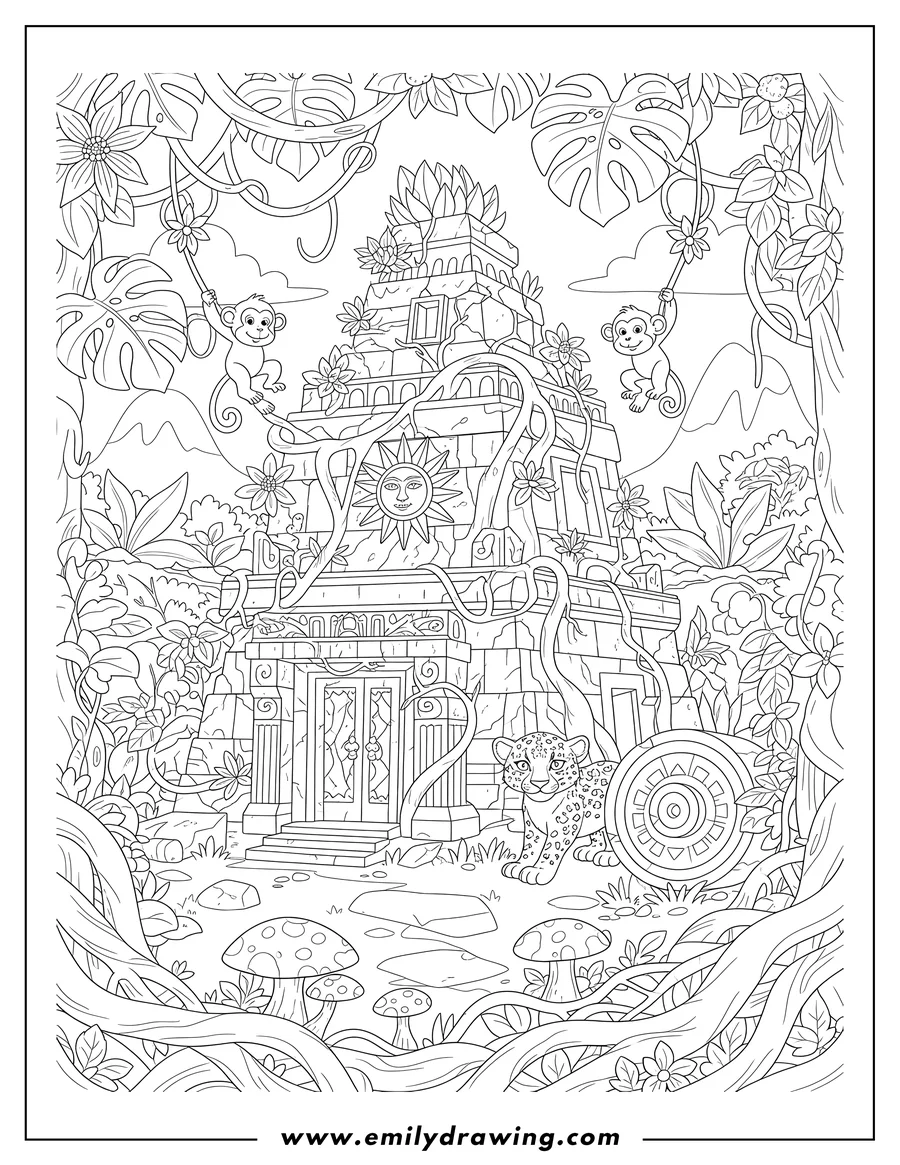 Black and white line art of ancient Temple