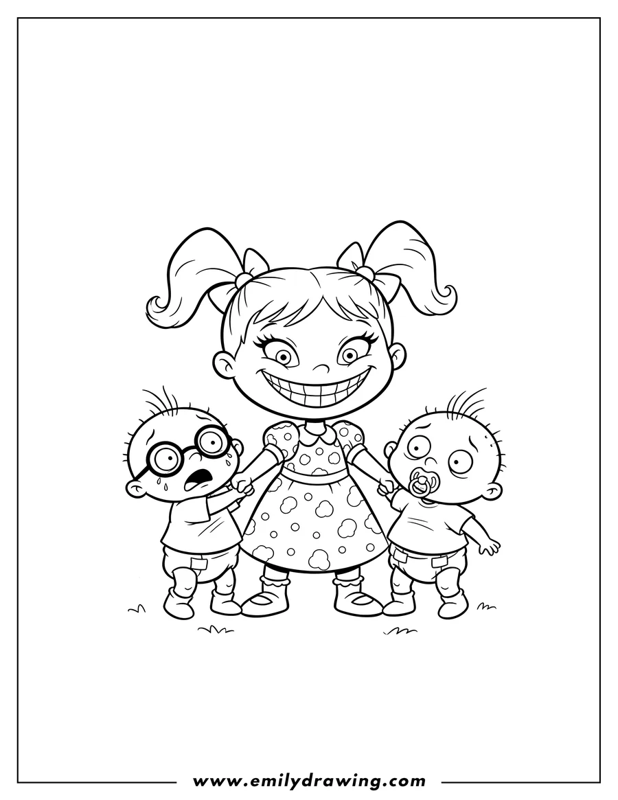 Clean line drawing: angelica with a wide grin, holding scared Chuckie and Tommy