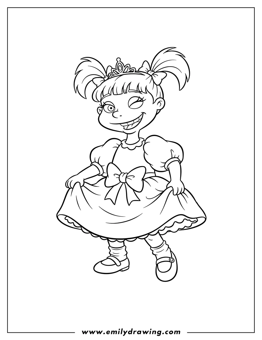 Printable line art of easy Outline Angelica Pickles smiling and winking, holding up her dress