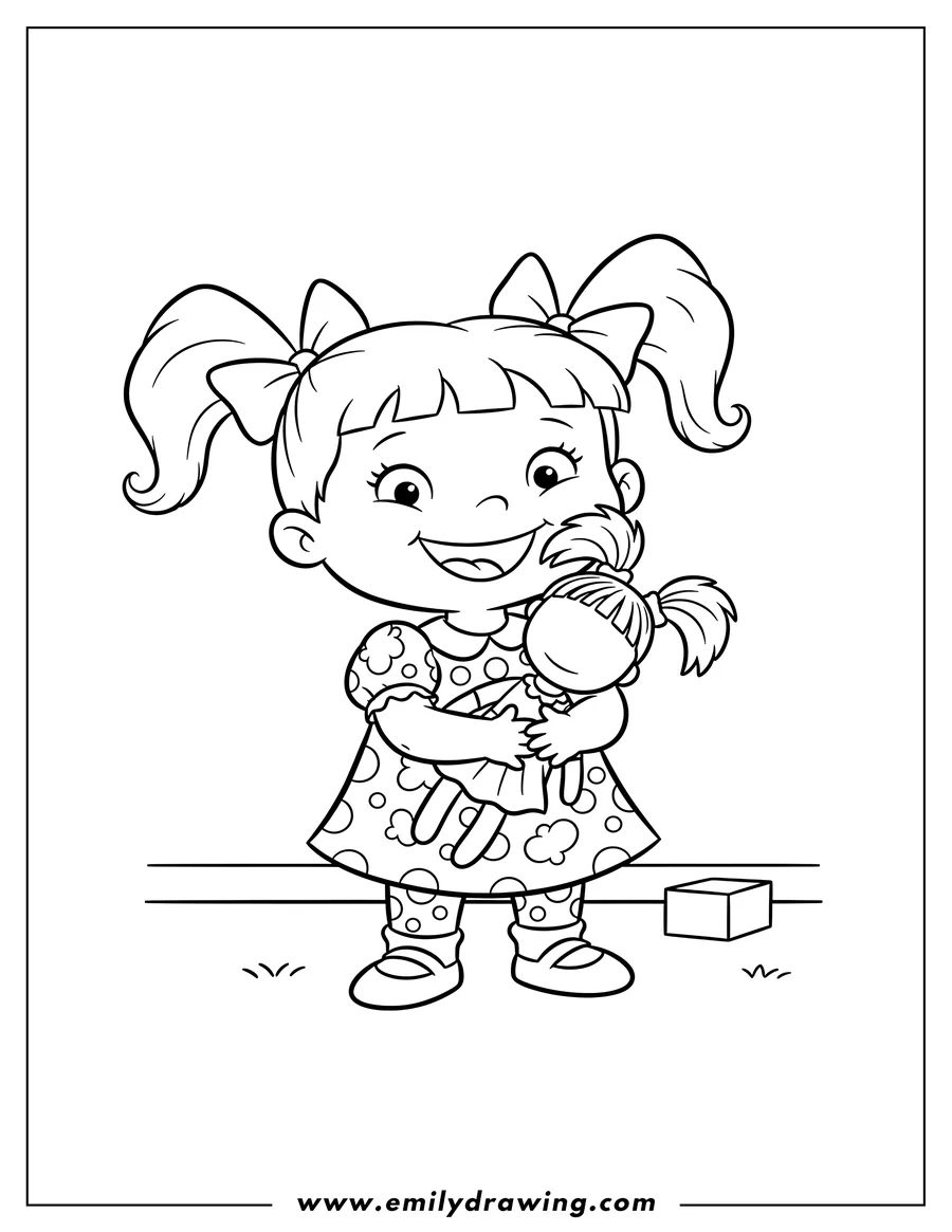 Free printable coloring sheet of angelica Pickles with pigtails, smiling broadly and showing teeth, holding a doll
