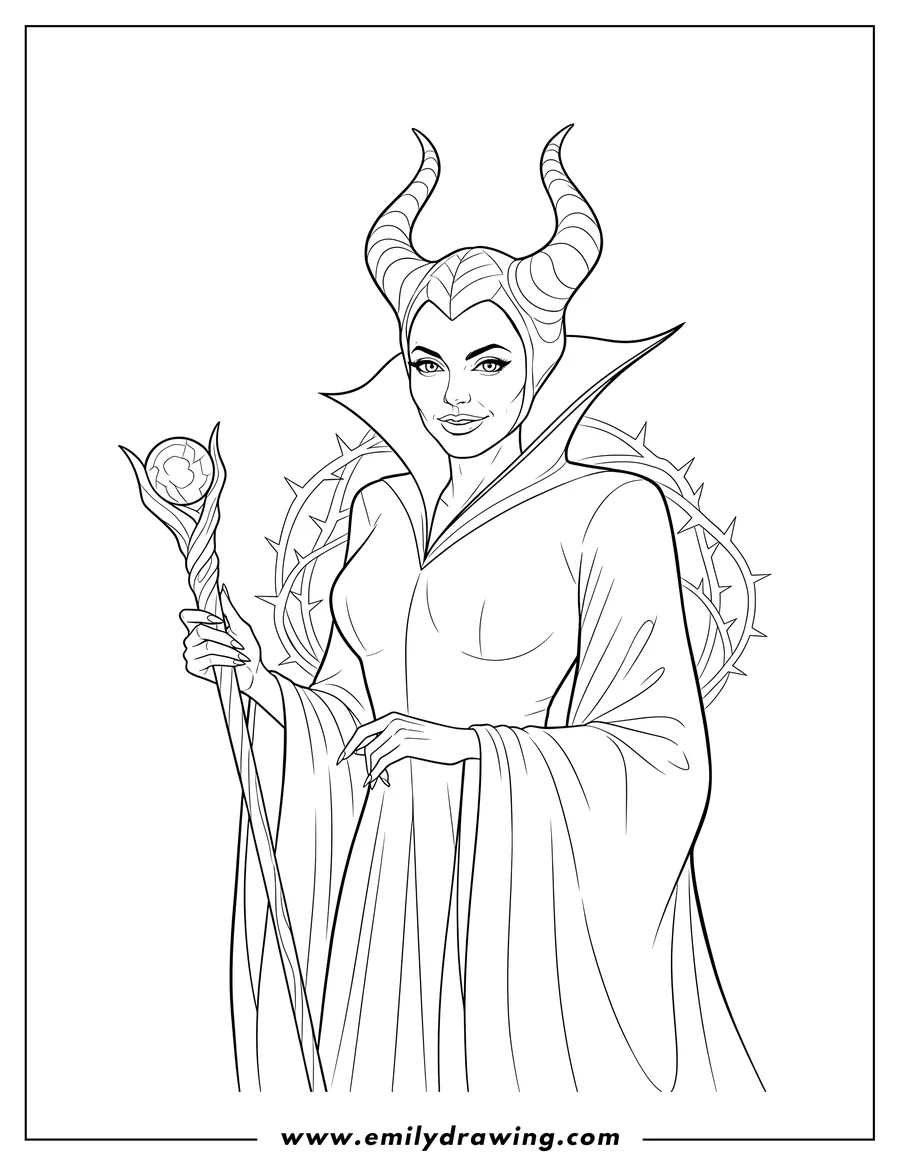 Outline drawing of angelina Jolie as Maleficent with horned headdress and staff