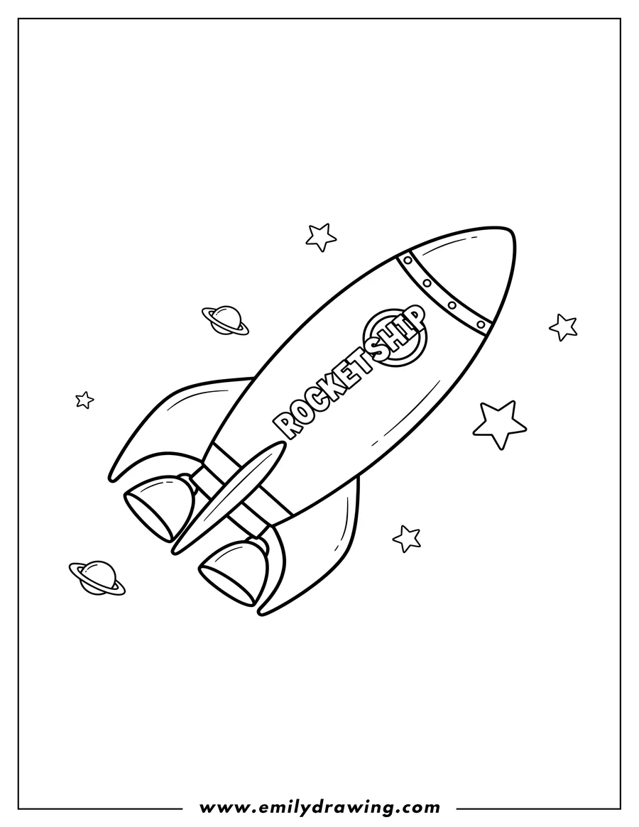 Doodle style coloring picture of angled Rocketship with Nose Cone, Side Boosters, and 'ROCKETSHIP' Texts