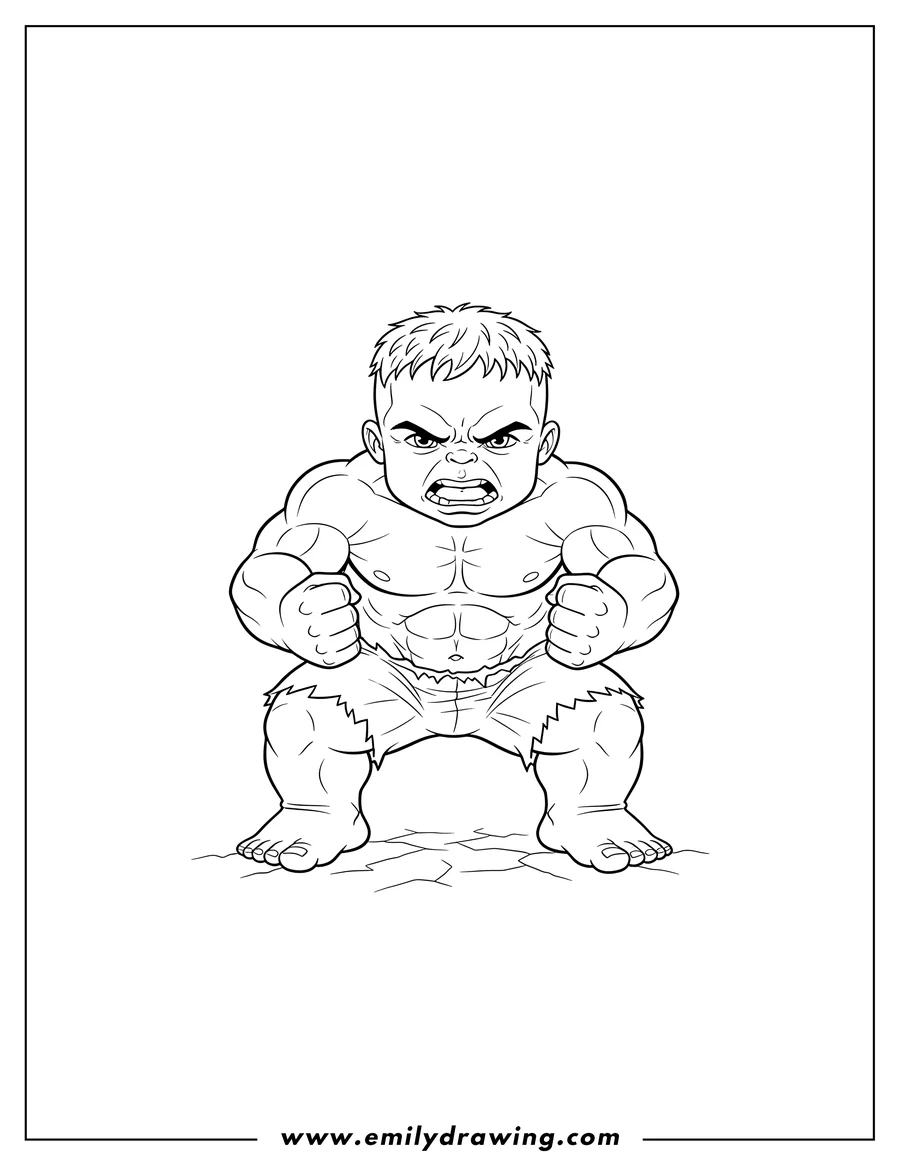 Outline drawing of angry Baby Hulk Scaled, crouching with clenched fists
