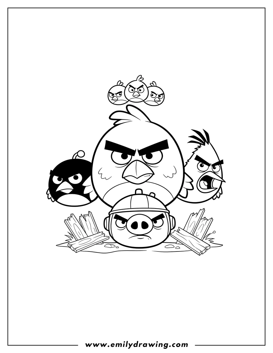 Downloadable coloring page of angry Birds Video Games, a group of angry characters