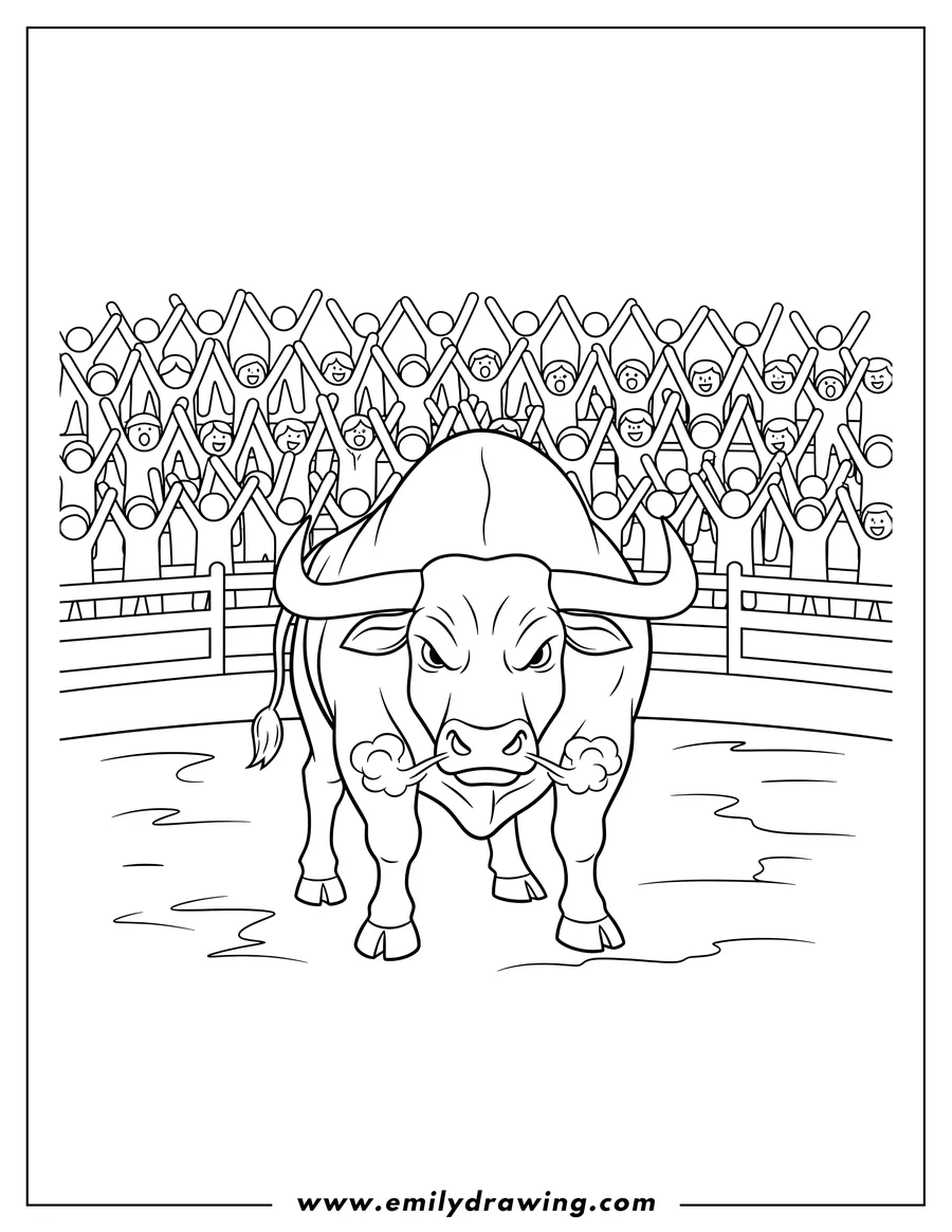 High quality printable angry bull standing facing forward in a rodeo with a cheering crowd and raised arms for coloring