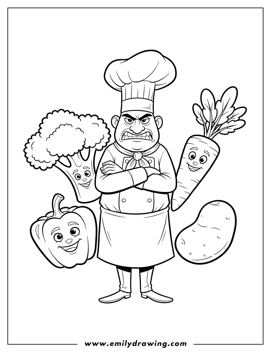 Simple sketch of angry Chef Skinner with arms crossed, with a vegetable background to color