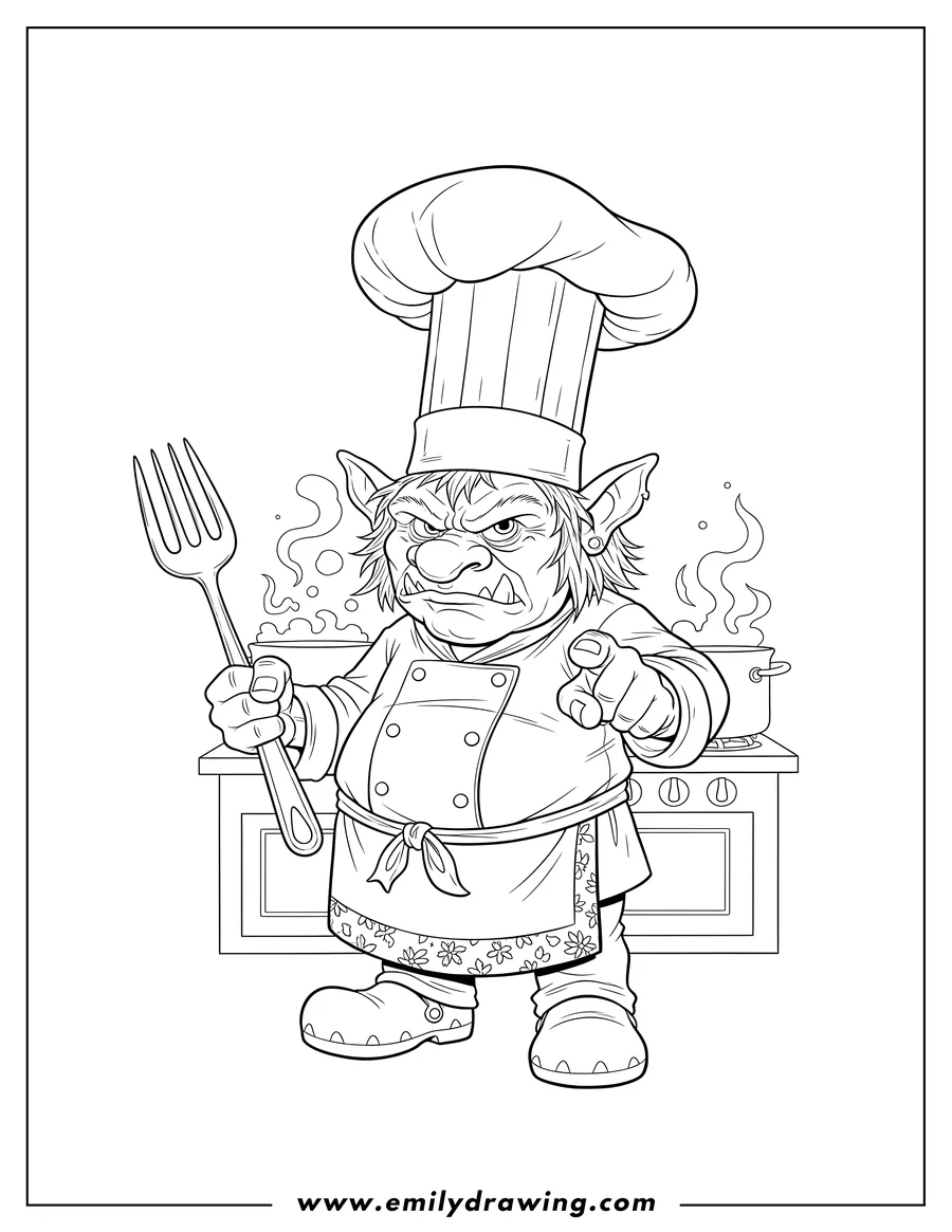 Full page coloring image of angry Chef Troll with a tall hat holding a fork