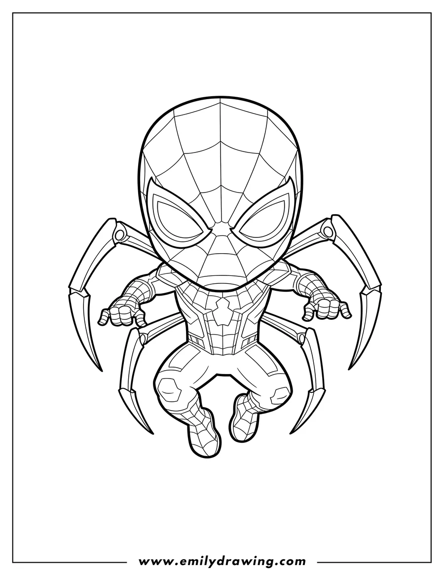 Simple sketch of angry Chibi Iron Spider Man leaping forward with extended metal spider-legs to color