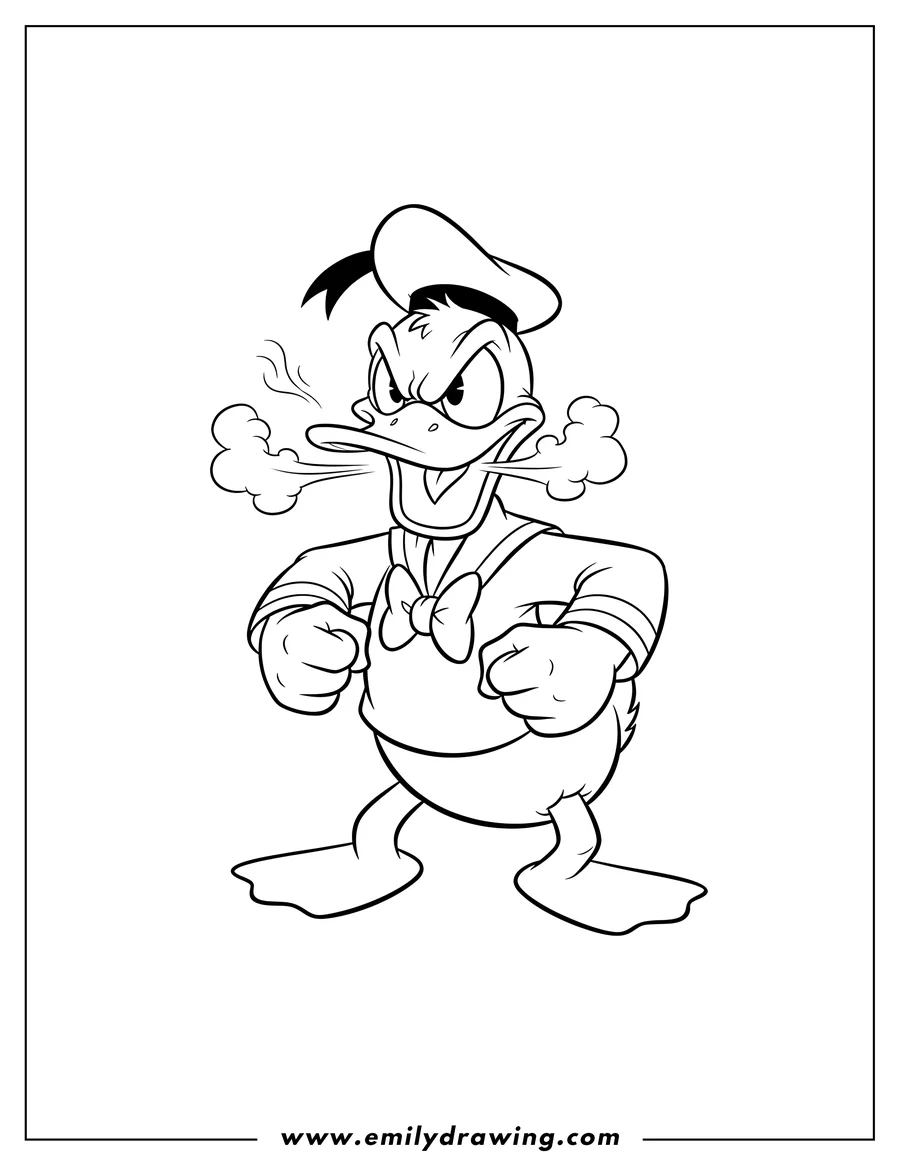 Printable coloring page of angry Donald Duck clenching his fists