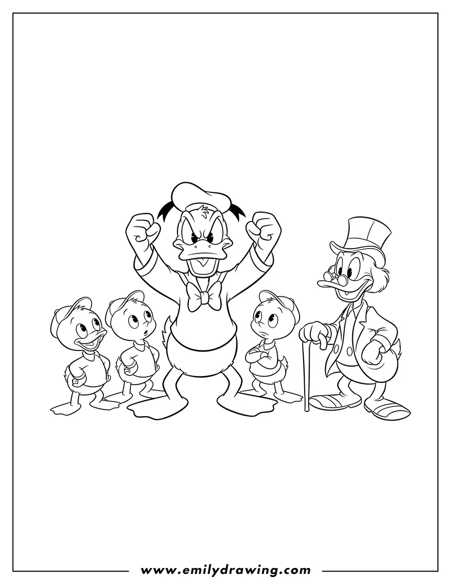 Vector style outline of angry Donald Duck raising his fists, with his nephews laughing, surprised, and pouty, and Scrooge McDuck holding his cane