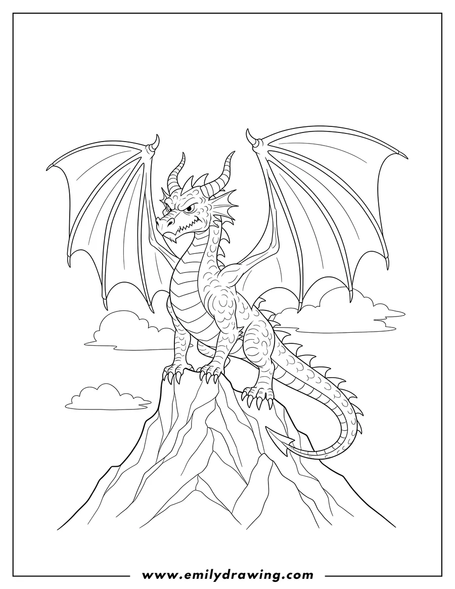 Full page coloring image of angry Looking Dragon with Large Wings Standing on a Mountain
