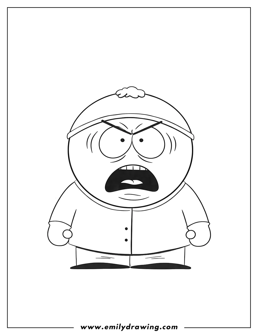 Downloadable coloring page of angry Eric Cartman yelling with furrowed brows