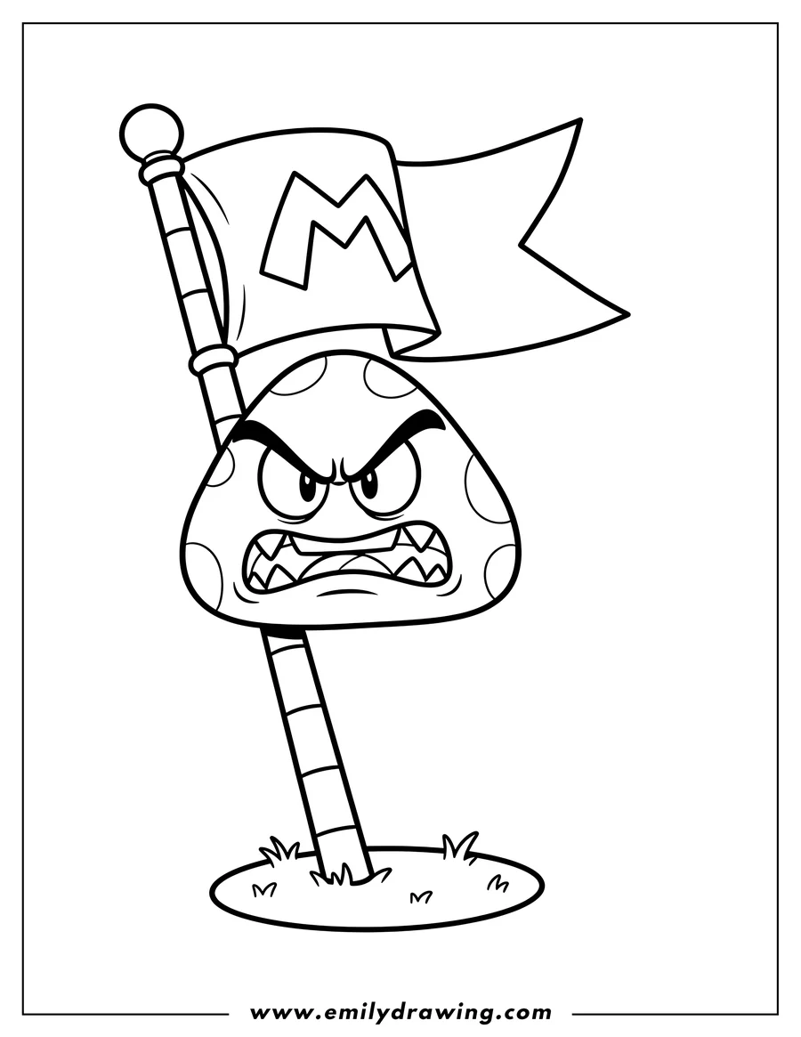 Black and white line art of angry Flagpole Goomba Super Mario