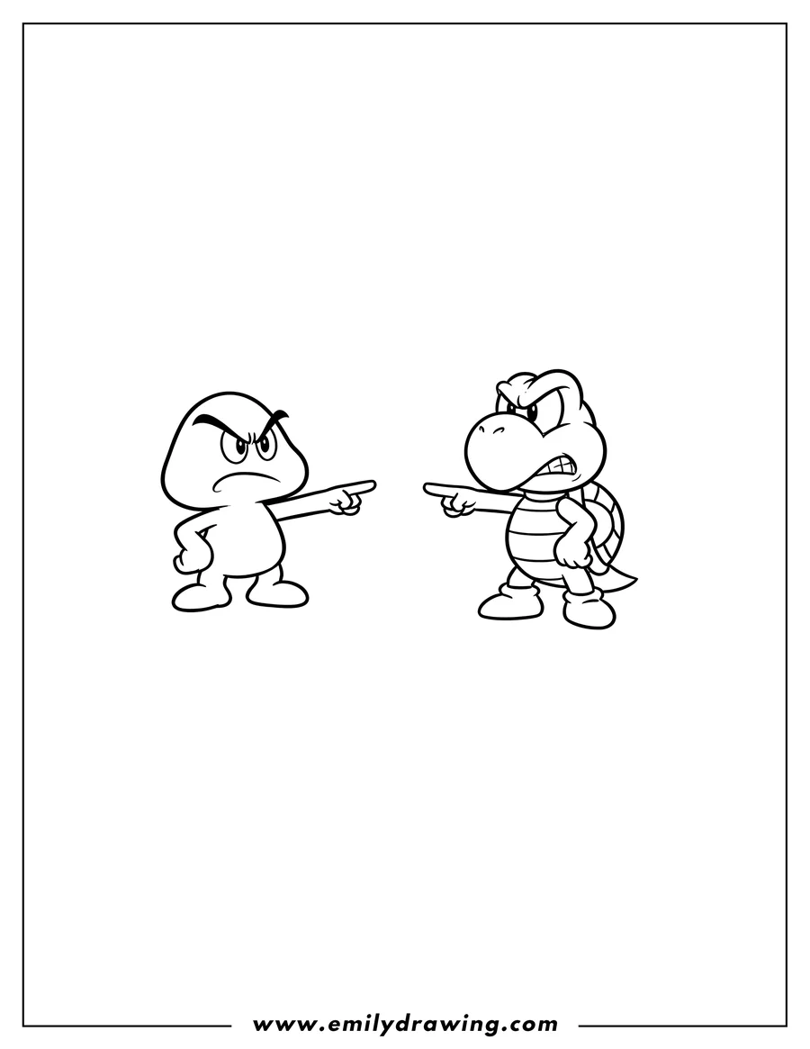 PDF style coloring page: angry Goomba and Koopa Troopa pointing