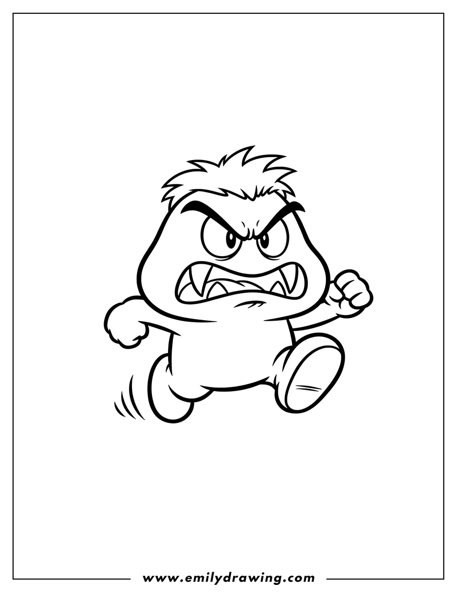 Clean line drawing: angry Goomba with a tuft and fangs running