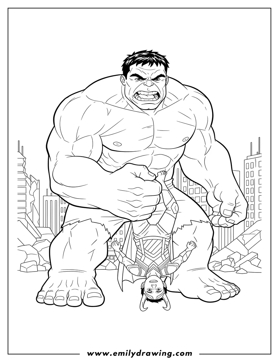 PDF style coloring page: angry Hulk Holding Loki Upside Down by one leg