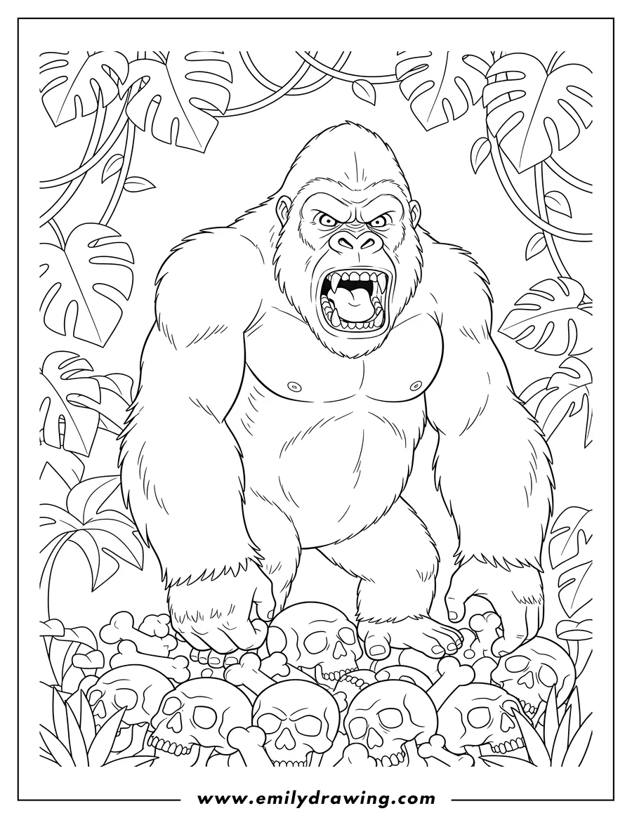 Vector style outline of angry King Kong roaring and stepping on giant skulls in a jungle