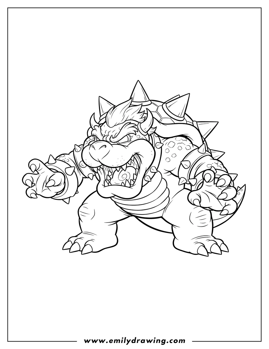 Vector style outline of angry Looking Bowser roaring with spiked armbands To Color