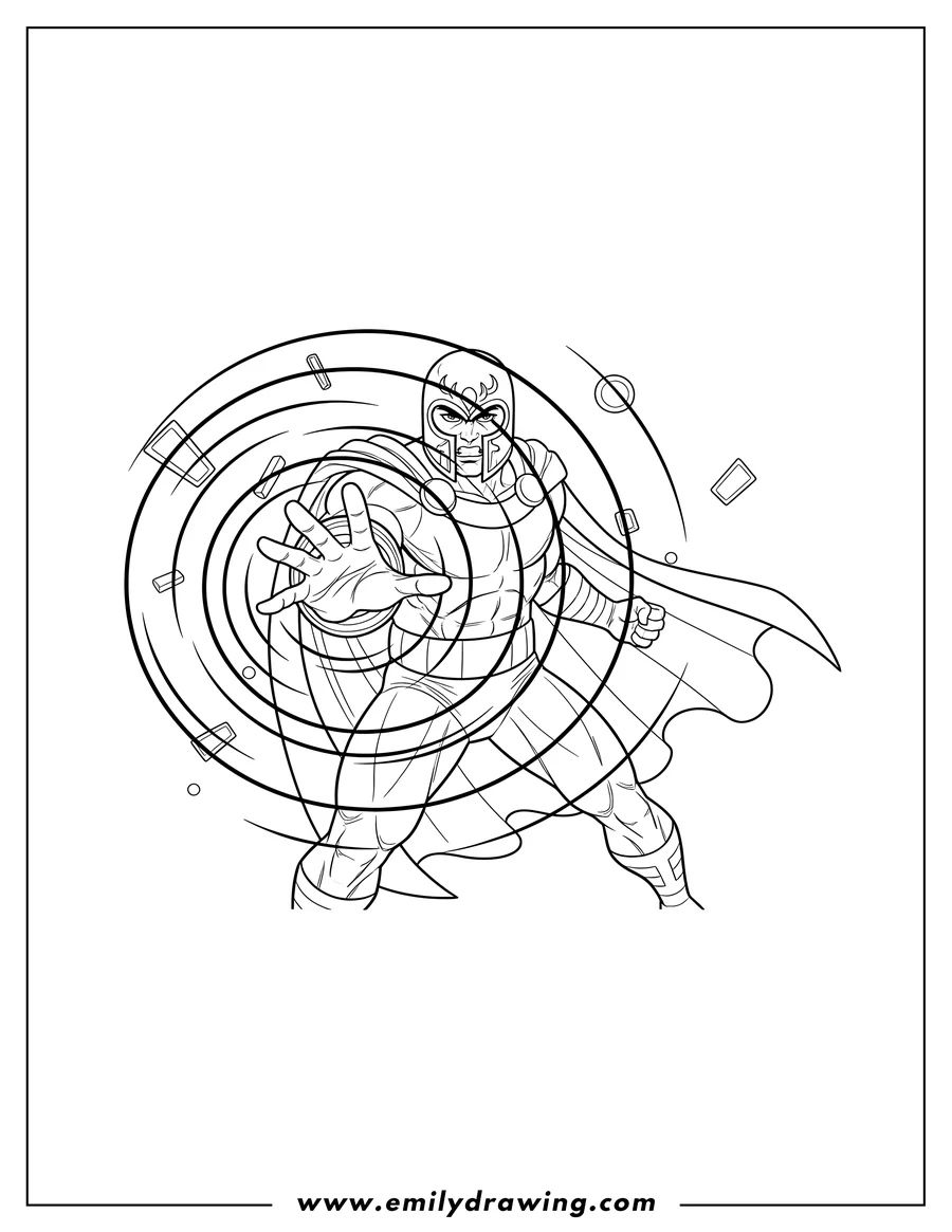 Coloring page for kids: angry Magneto, wearing his helmet, creating a force field with his outstretched hand