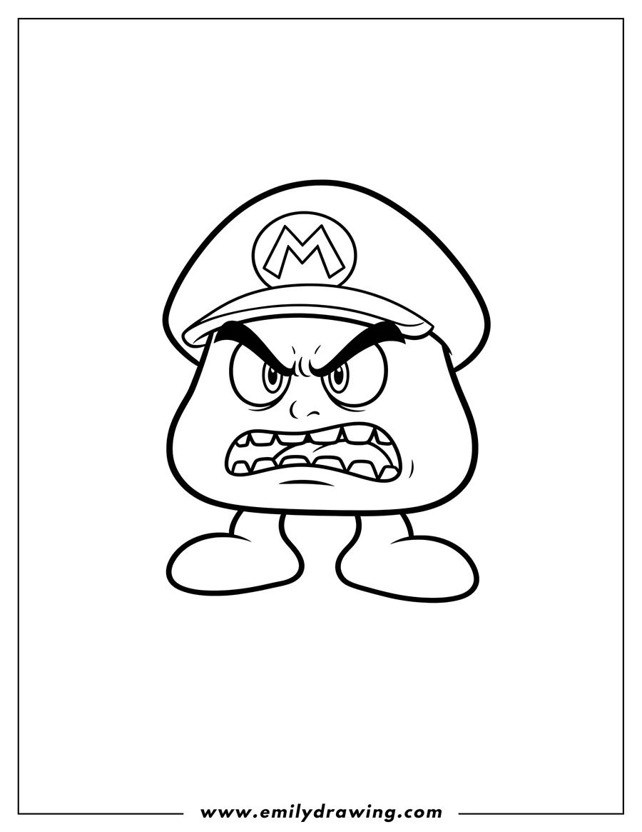 Coloring page of angry Mario Goomba wearing an M hat and baring teeth