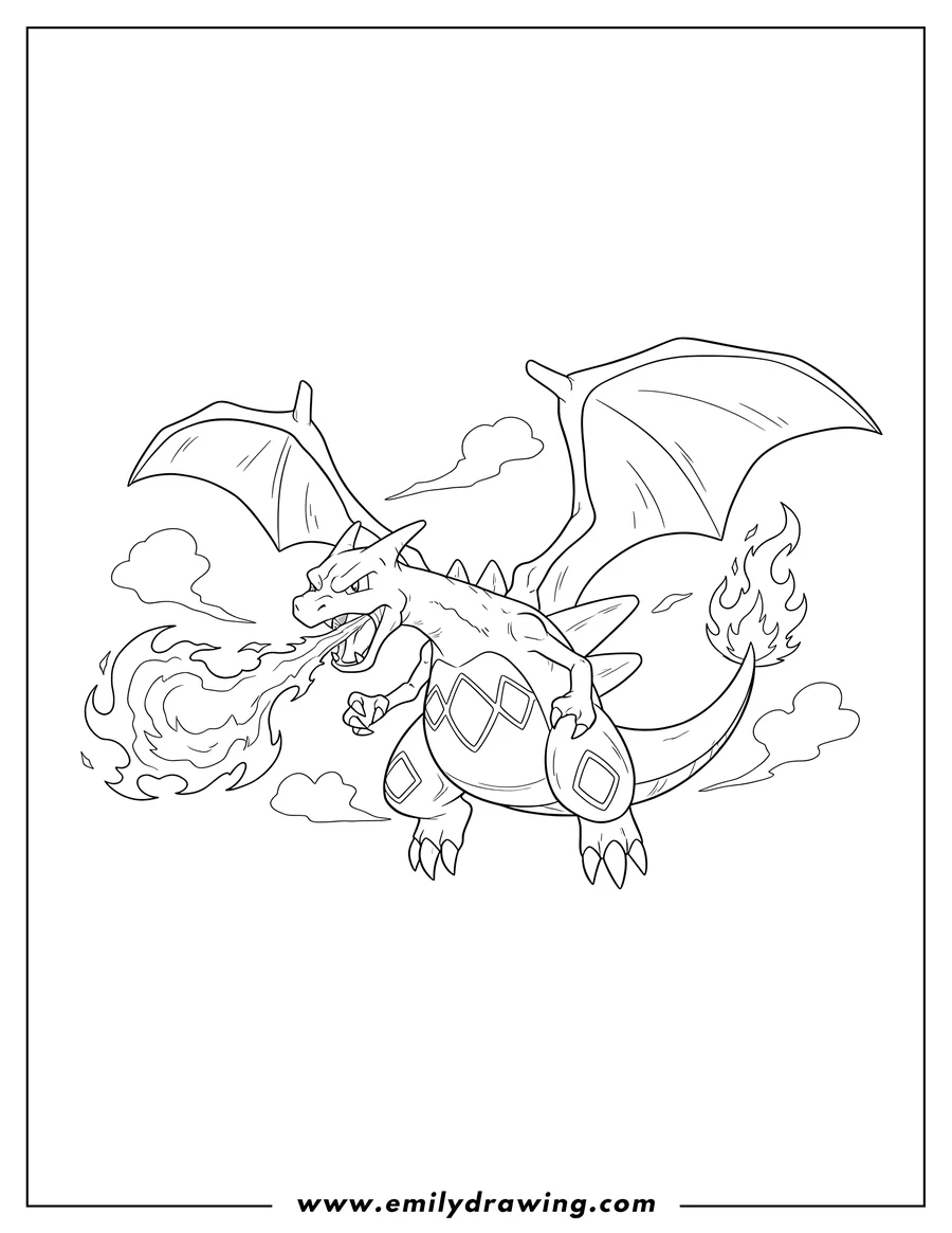 Doodle style coloring picture of angry Mega Charizard X flying, breathing fire, with tail aflame