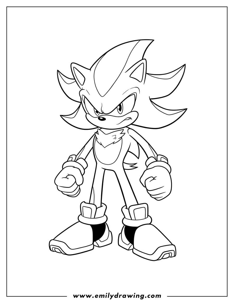 Outline drawing of angry Shadow Hedgehog standing with clenched fists