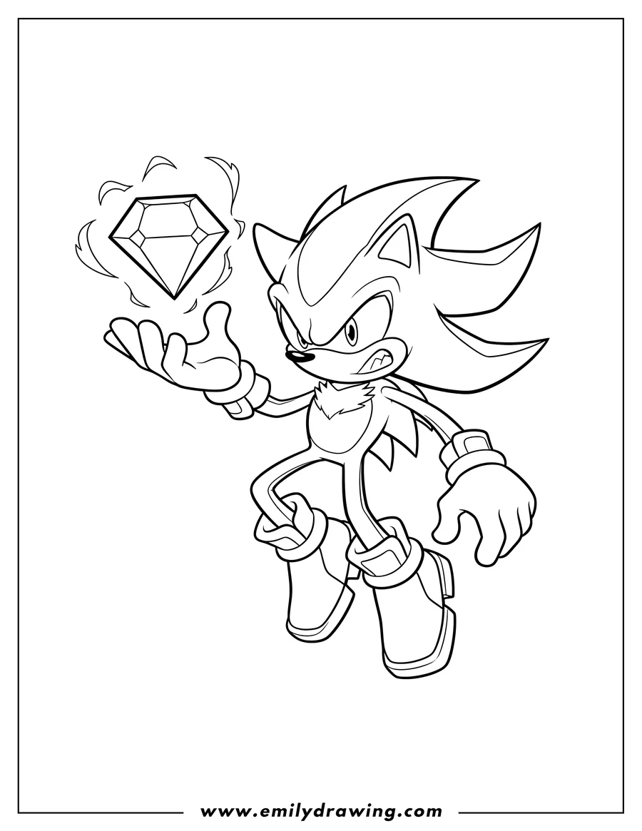 Coloring page for kids: angry Shadow Tossing Chaos Emerald, floating above his hand