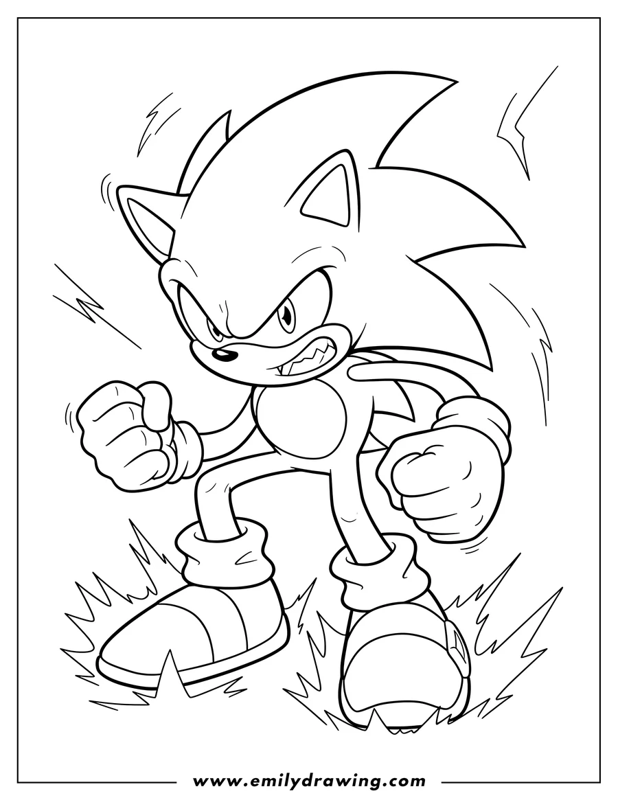 Linear illustration of angry Sonic clenching fists in a dynamic action pose