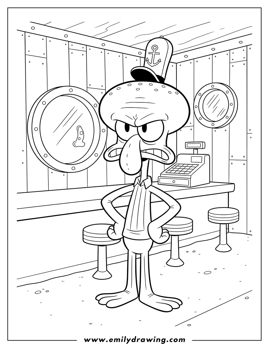 Clean line drawing: angry Squidward wearing his hat with hands on hips inside Krusty Krab