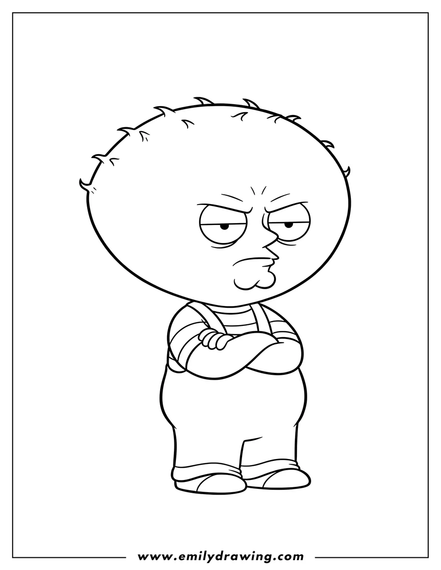 Free printable coloring sheet of angry Stewie Griffin cartoon, standing with arms crossed