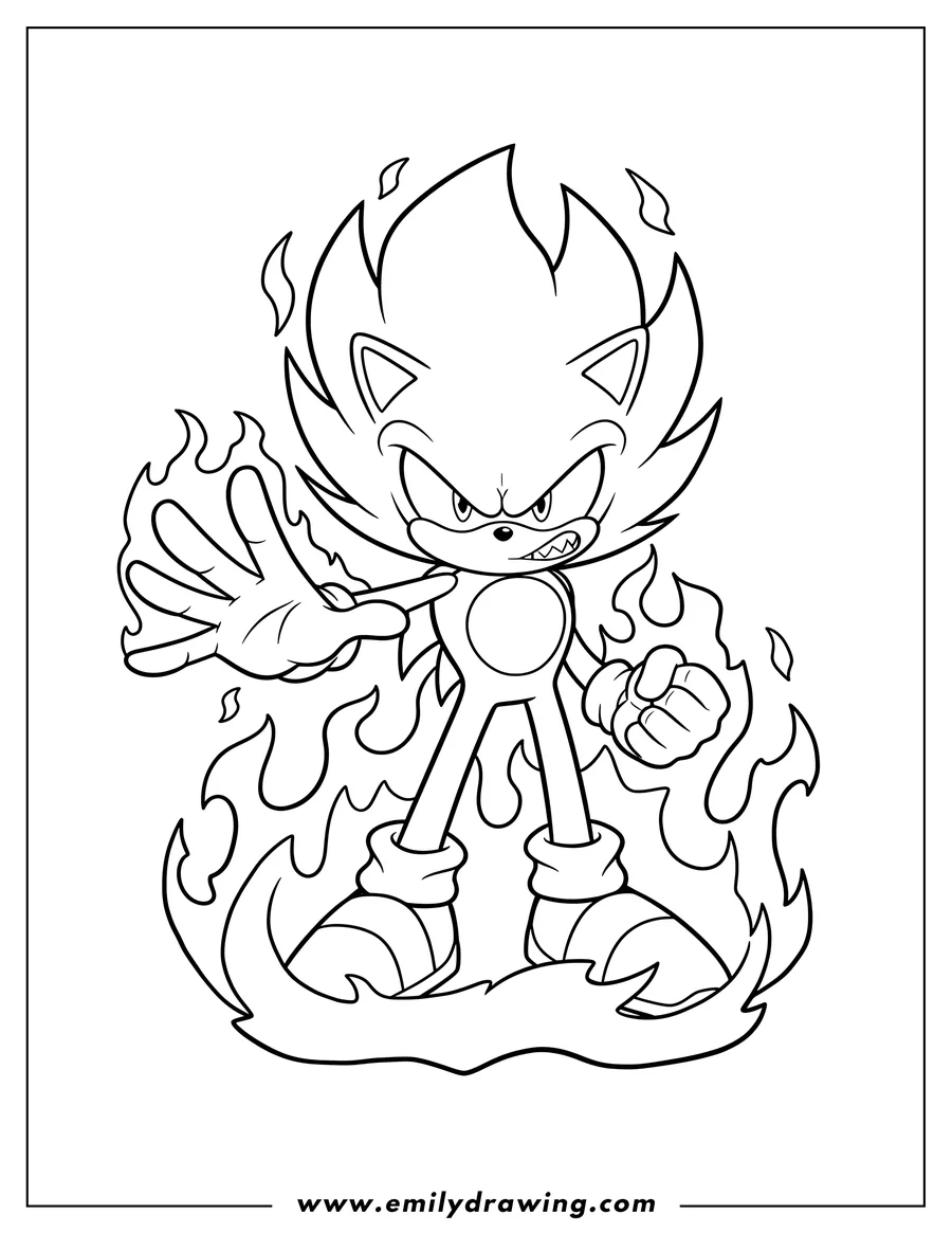 Doodle style coloring picture of angry Super Sonic surrounded by flames, with one hand open and one fist clenched