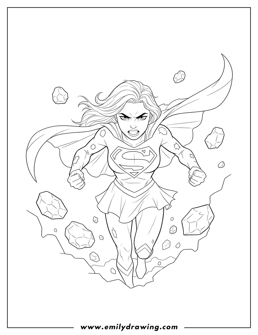 Coloring sheet featuring angry Supergirl Kara Zor El lunging forward with a torn costume and rocks flying around