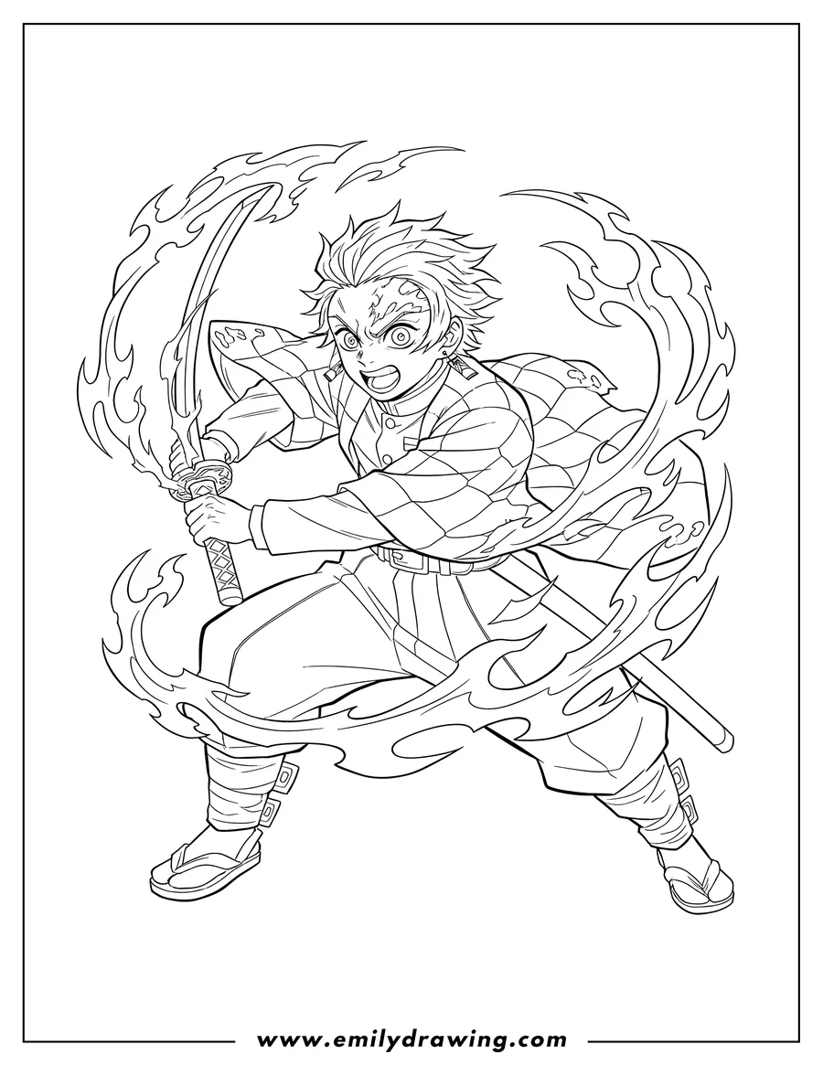 Free to print drawing of angry Tanjiro Battle, with his Demon Slayer Mark, holding a sword, and surrounded by flames