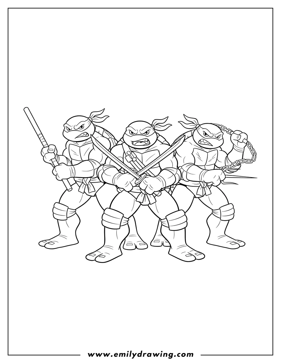 Simple sketch of angry Teenage Mutant Ninja Turtles holding their weapons to color