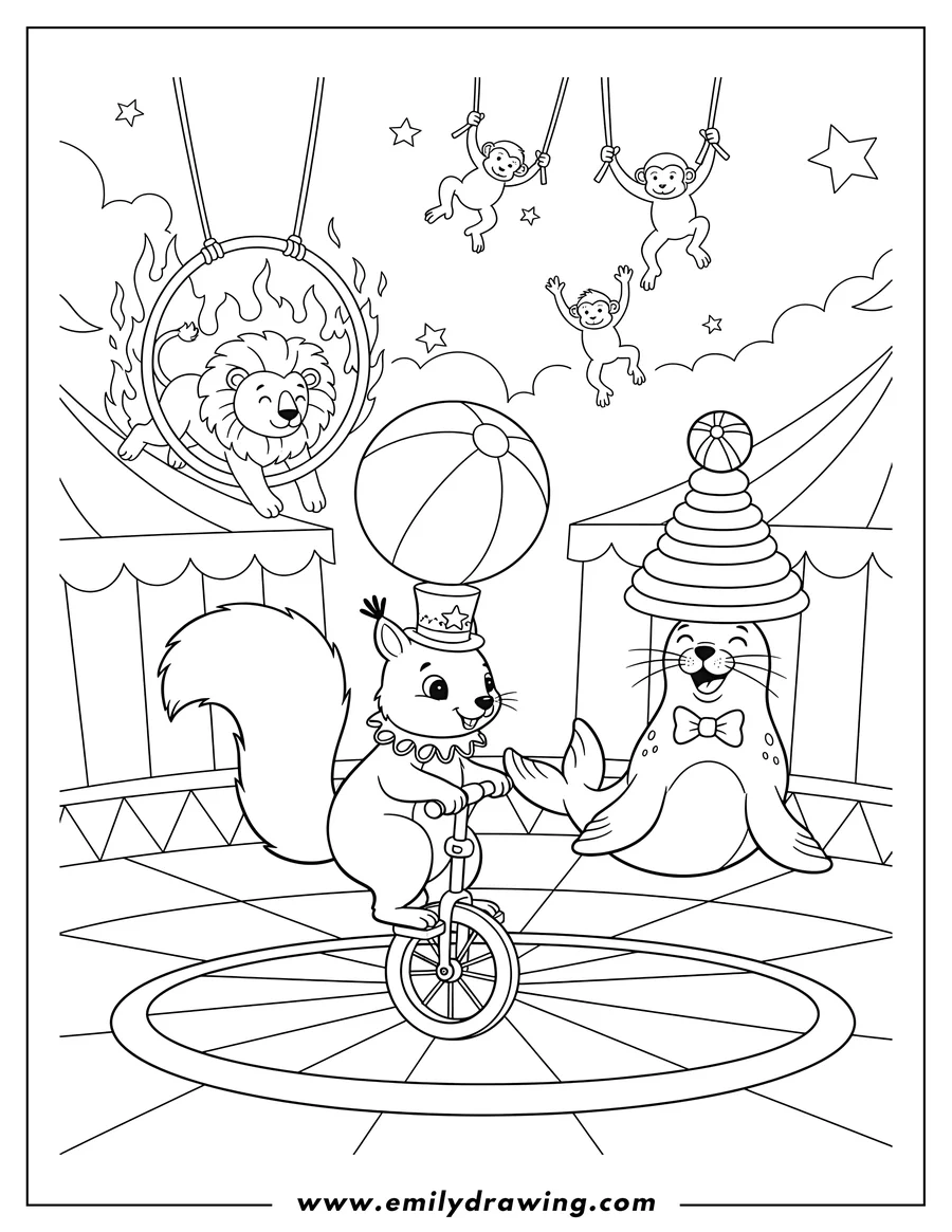 PDF style coloring page: animals Performing Circus, featuring a squirrel on a scooter and a performing seal