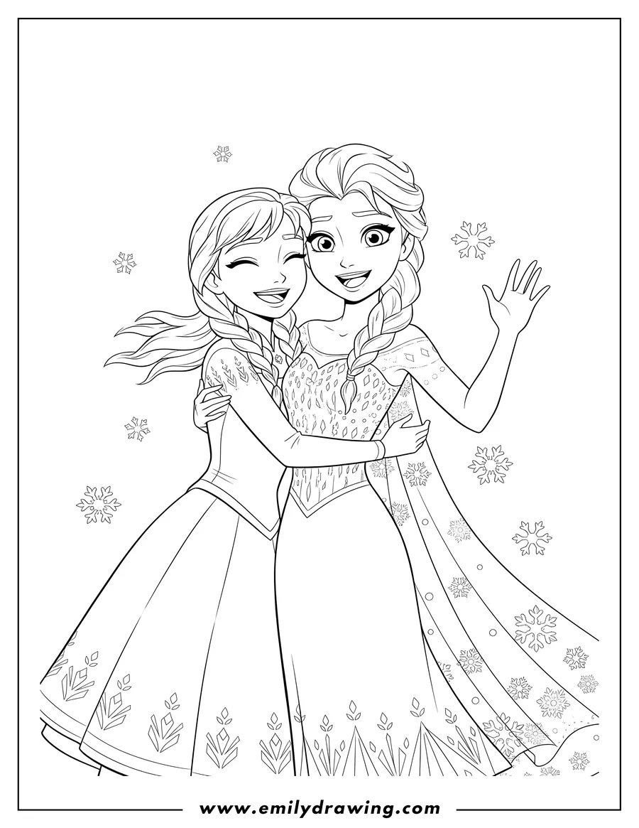 Downloadable coloring page of anime Anna And Elsa Hugging, with Elsa waving and smiling