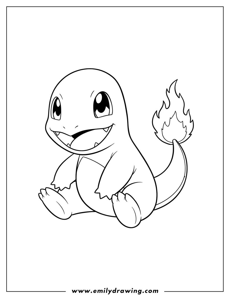 Linear illustration of anime Charmander sitting and smiling with fire on its tail