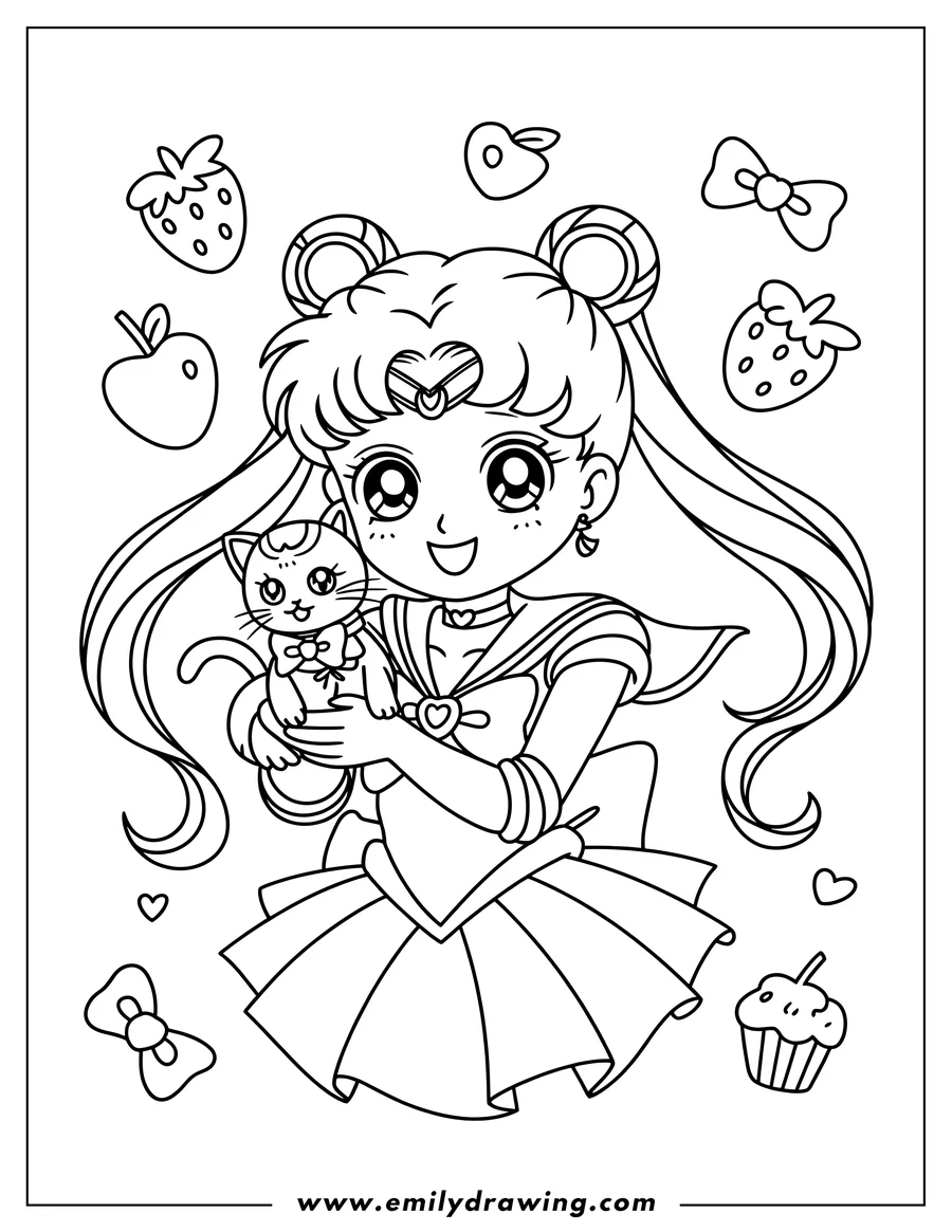 Black and white line art of anime Girl