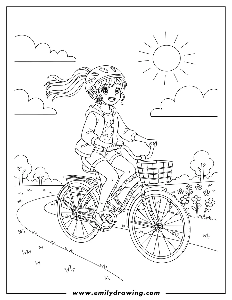 Printable coloring page of anime Girl Riding Bicycle, wearing a helmet and smiling