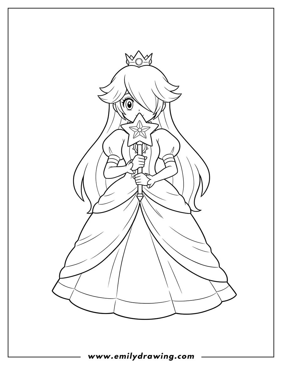 PDF style coloring page: anime Rosalina with a bang covering one eye, holding a star wand in front of her face