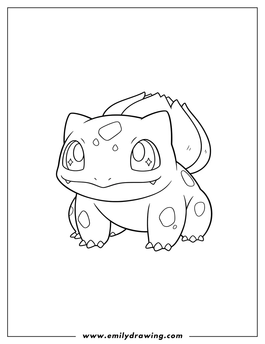 Free to print drawing of anime Style Bulbasaur, sitting, with big sparkling eyes