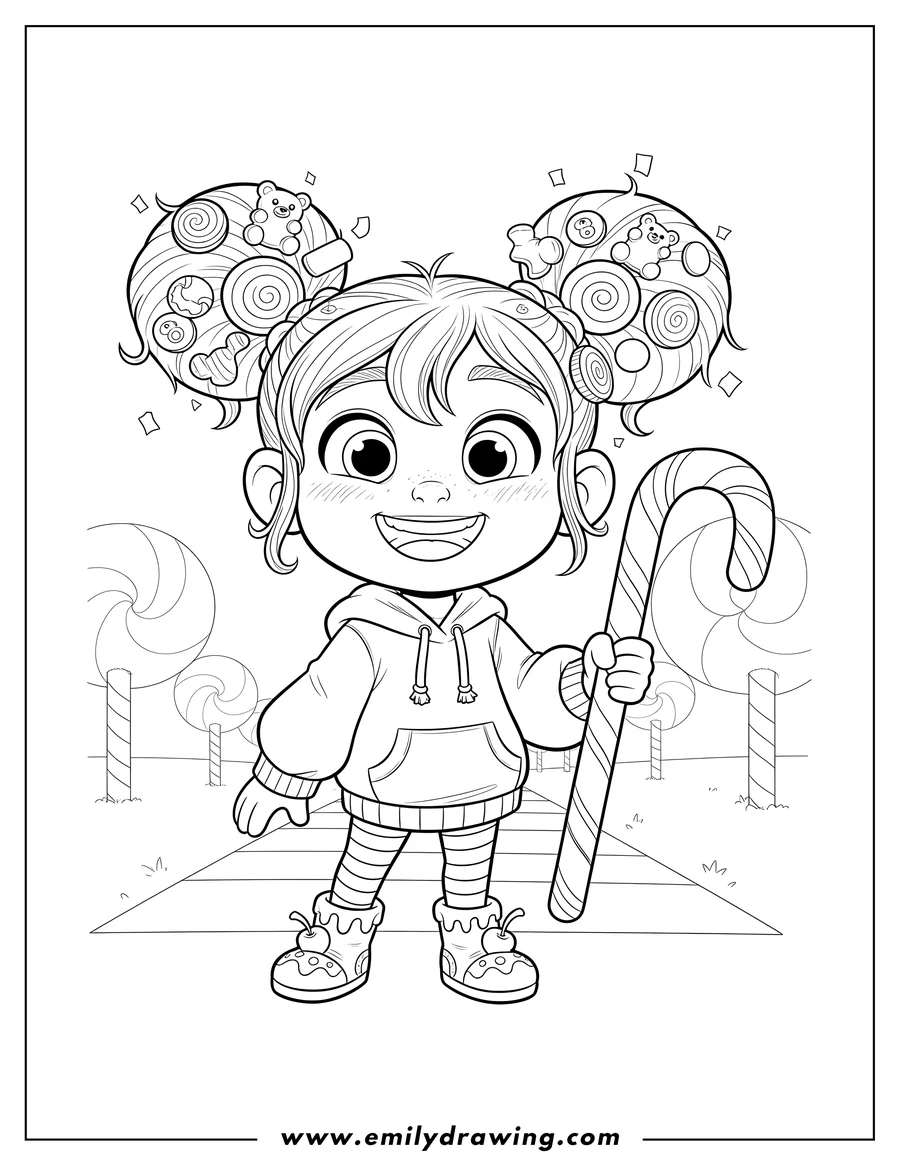 Full page coloring image of anime Style Vanellope Von Schweetz standing and smiling with candy in her hair