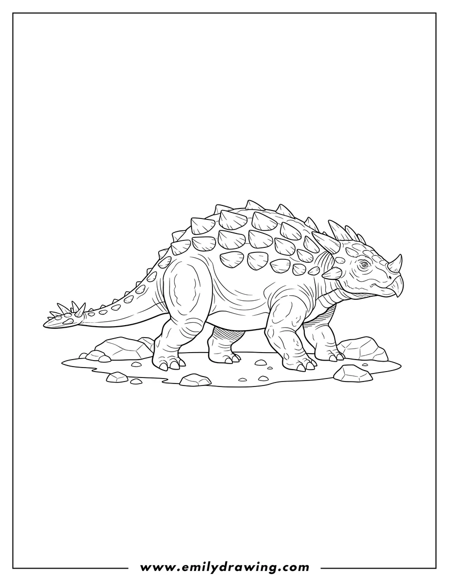 Outline drawing of ankylosaurus with spiky armor walking on rocky terrain