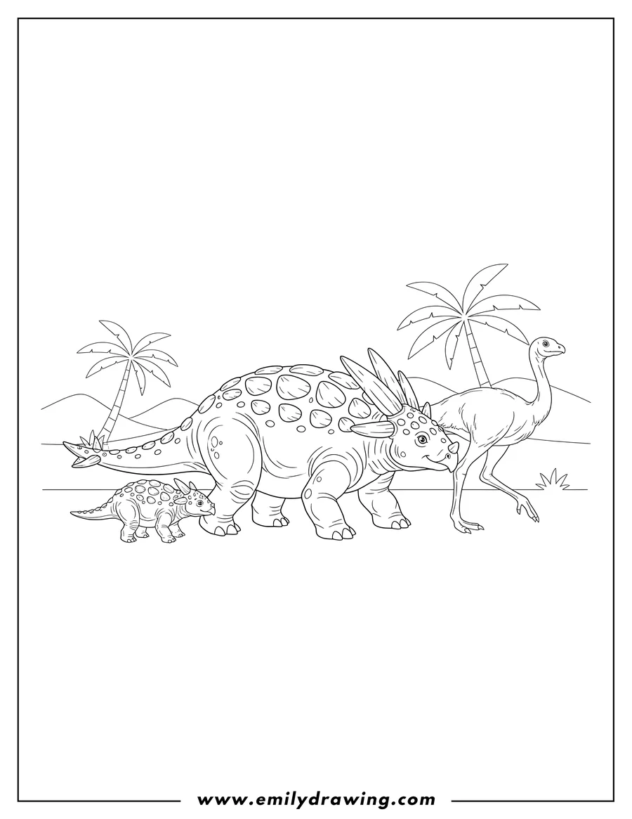 Full page coloring image of ankylosaurus walking with a baby Ankylosaurus and a bipedal dinosaur